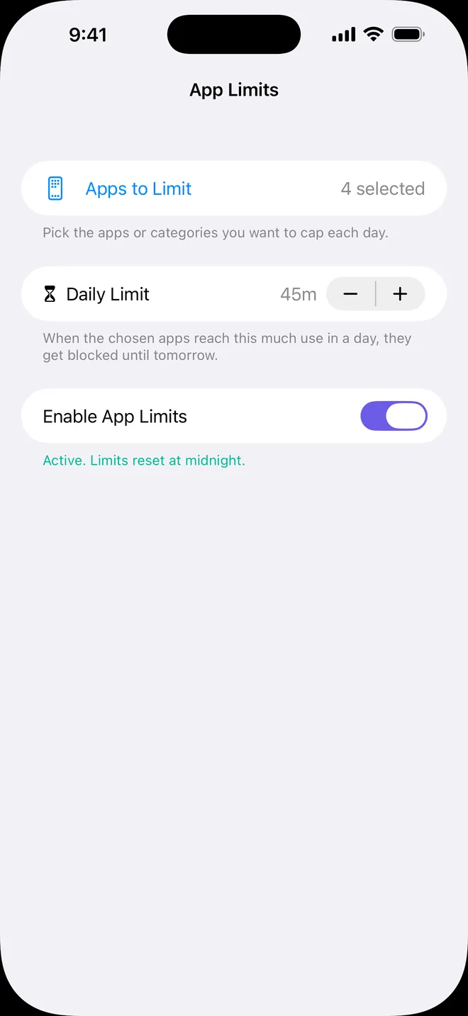 App Limits: a 45-minute daily limit for four selected apps