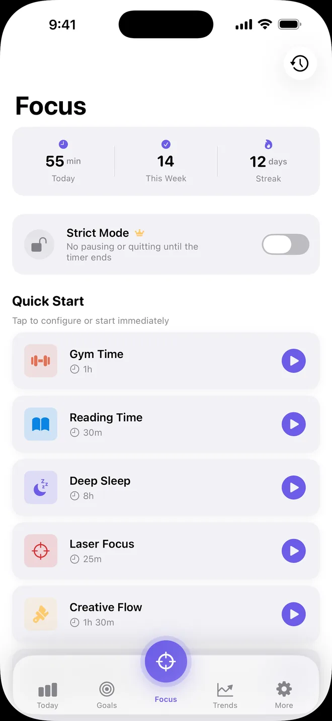 Focus tab: today's minutes, sessions this week, streak, Strict Mode and Quick Start sessions